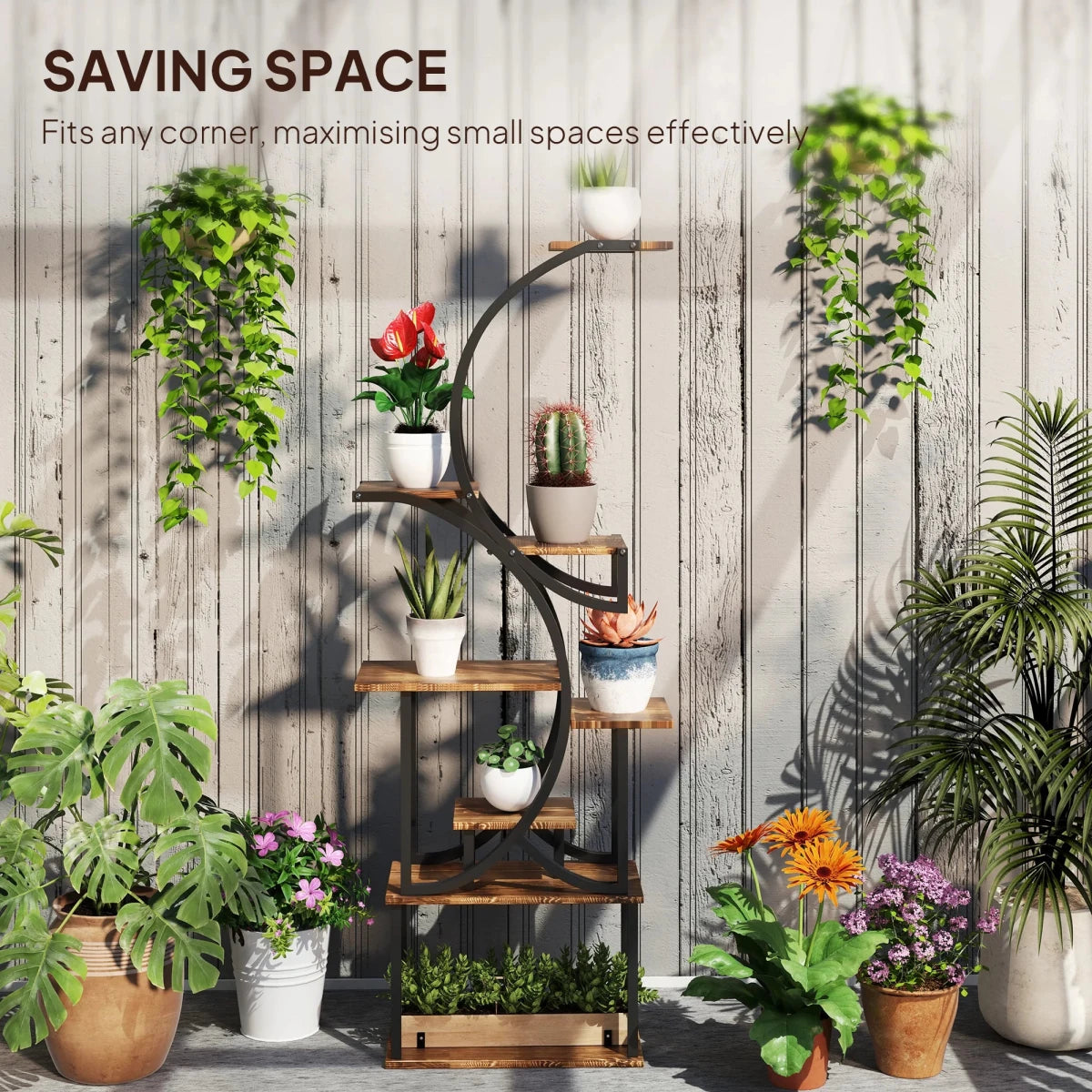 8 Tier Plant Stand, 62" S-Shaped Plant Shelf, Carbonized Finish