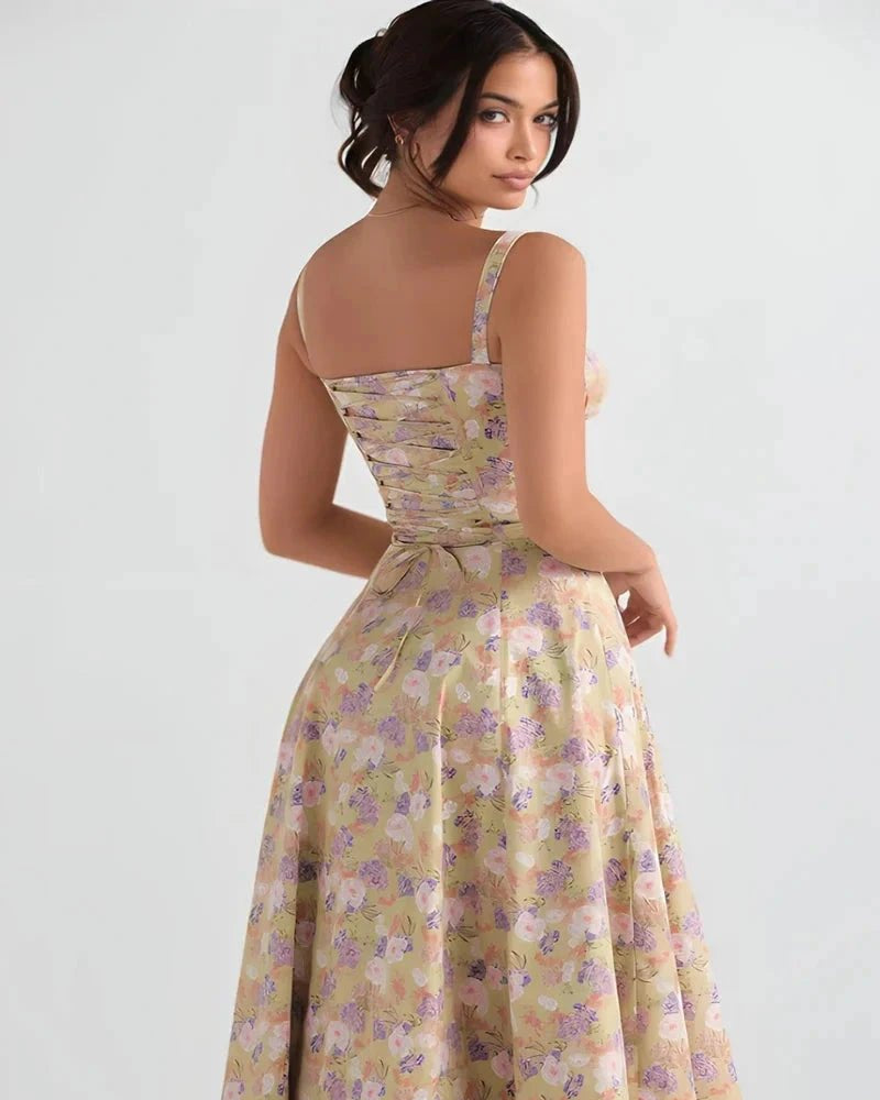 Woman wearing a floral dress on a white background