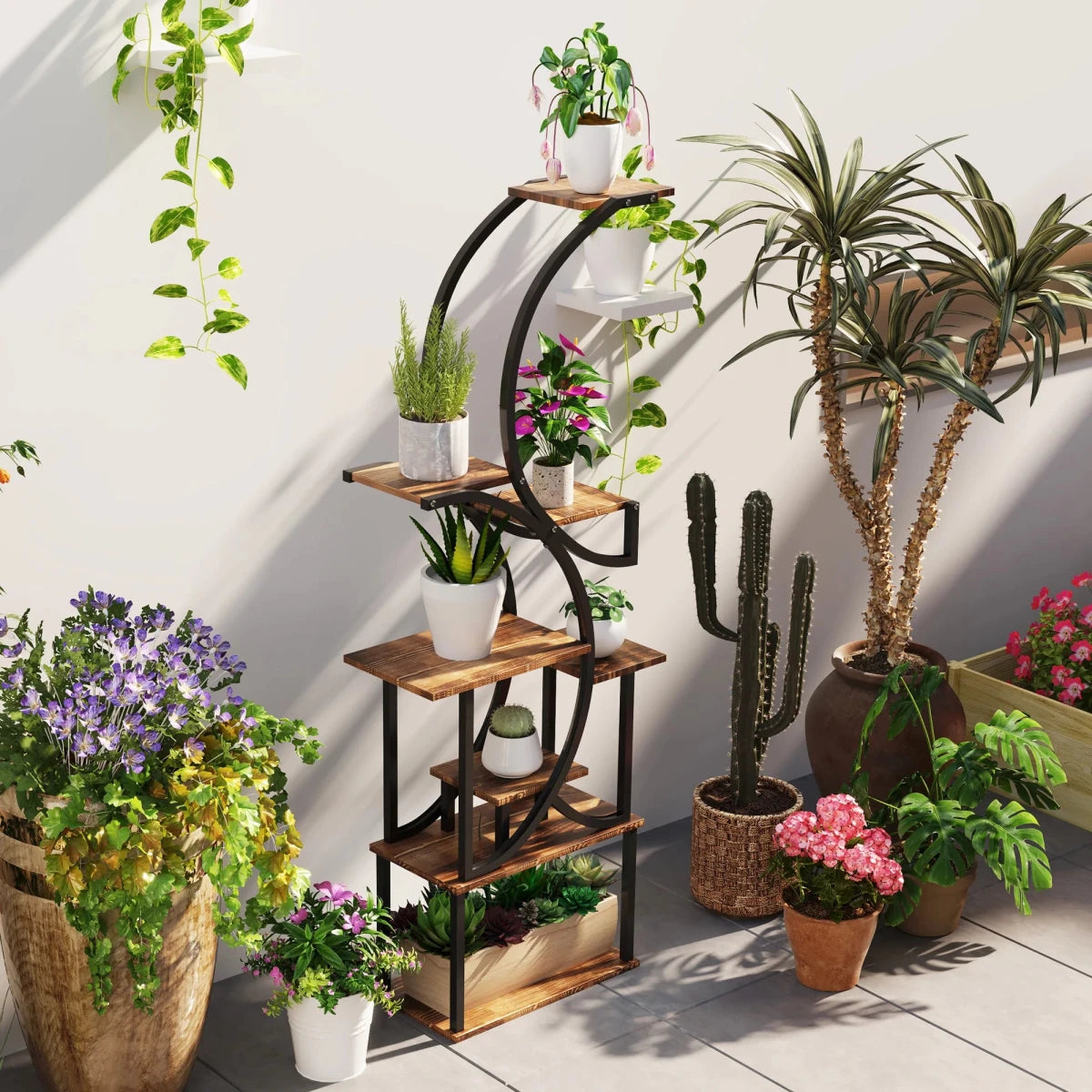8 Tier Plant Stand, 62" S-Shaped Plant Shelf, Carbonized Finish