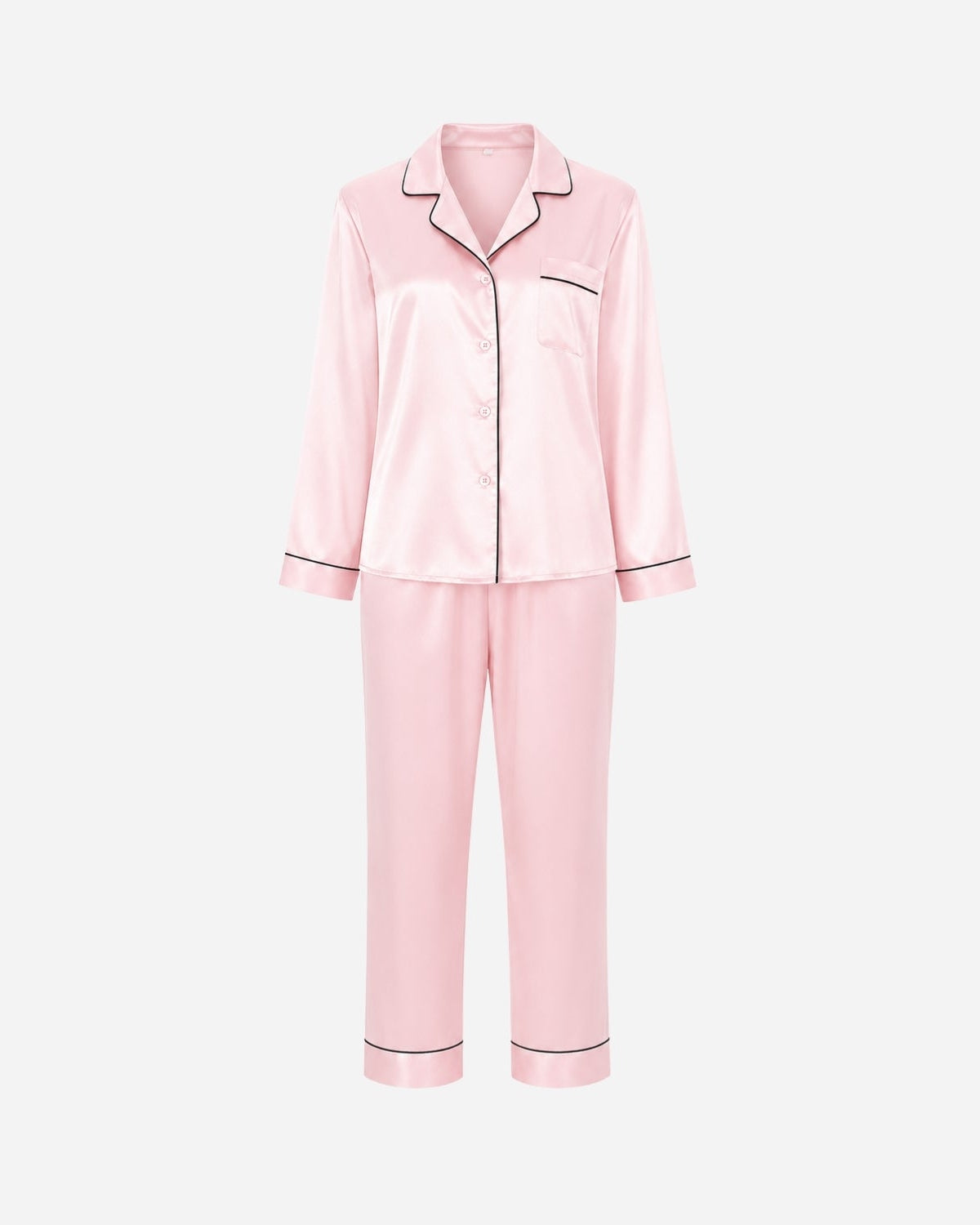 A two-piece pink satin pajama set with black piping trim, including a long-sleeve button-up top and matching pants, displayed on a clean white background.