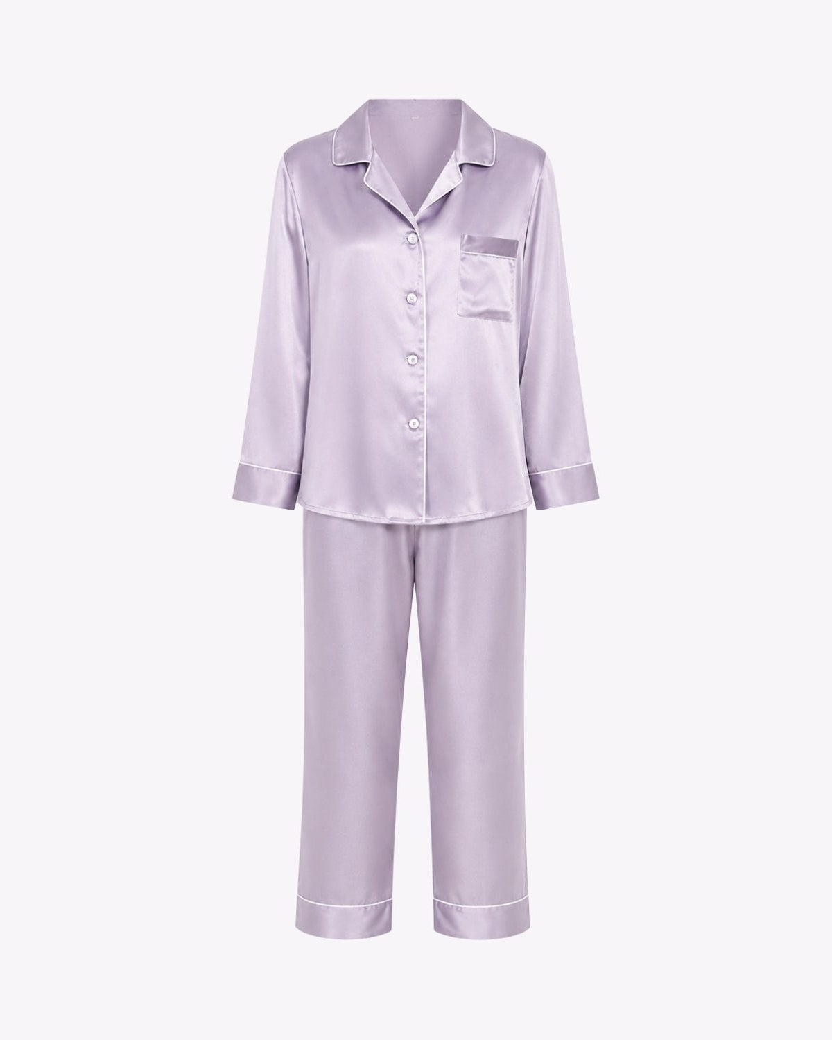A two-piece women's pajama set in a light lavender satin fabric, featuring a long-sleeve button-up top with a collar and chest pocket, paired with matching wide-leg pants, shown against a plain white background.