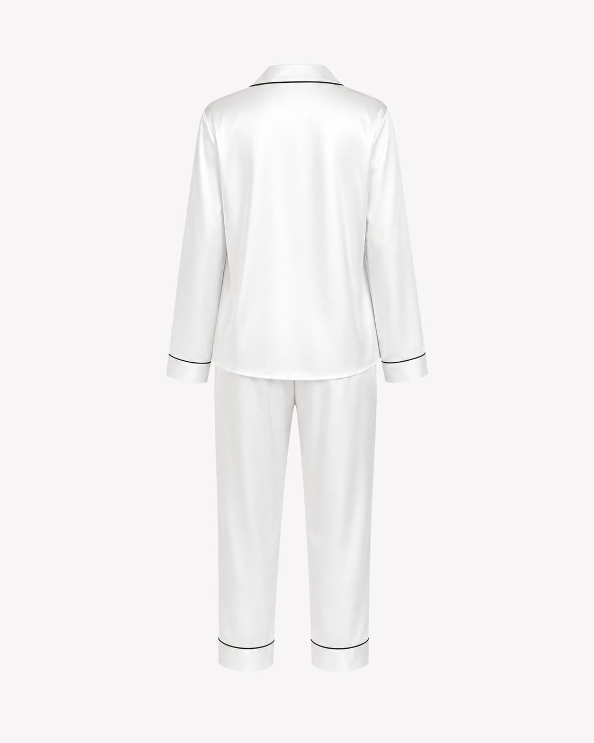 White satin pajama set with a long-sleeve top and matching pants, shown from the back on a light gray background.