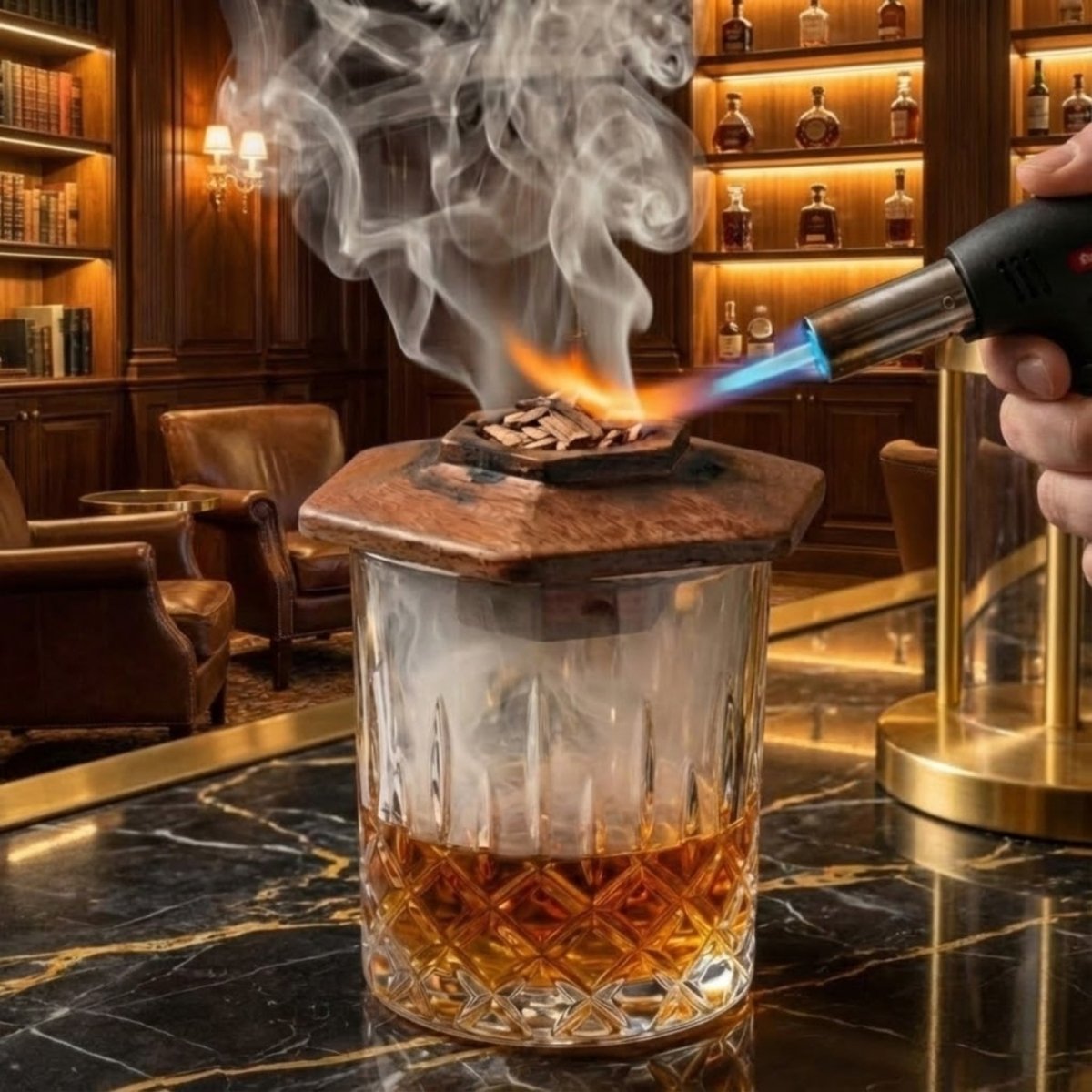 Premium Cocktail-Räucher-Set für Whiskey & Bourbon – Holz-Drink-Räucheraufsatz mit 4 Holzchip-Aromen – Old-Fashioned-Infusionsset