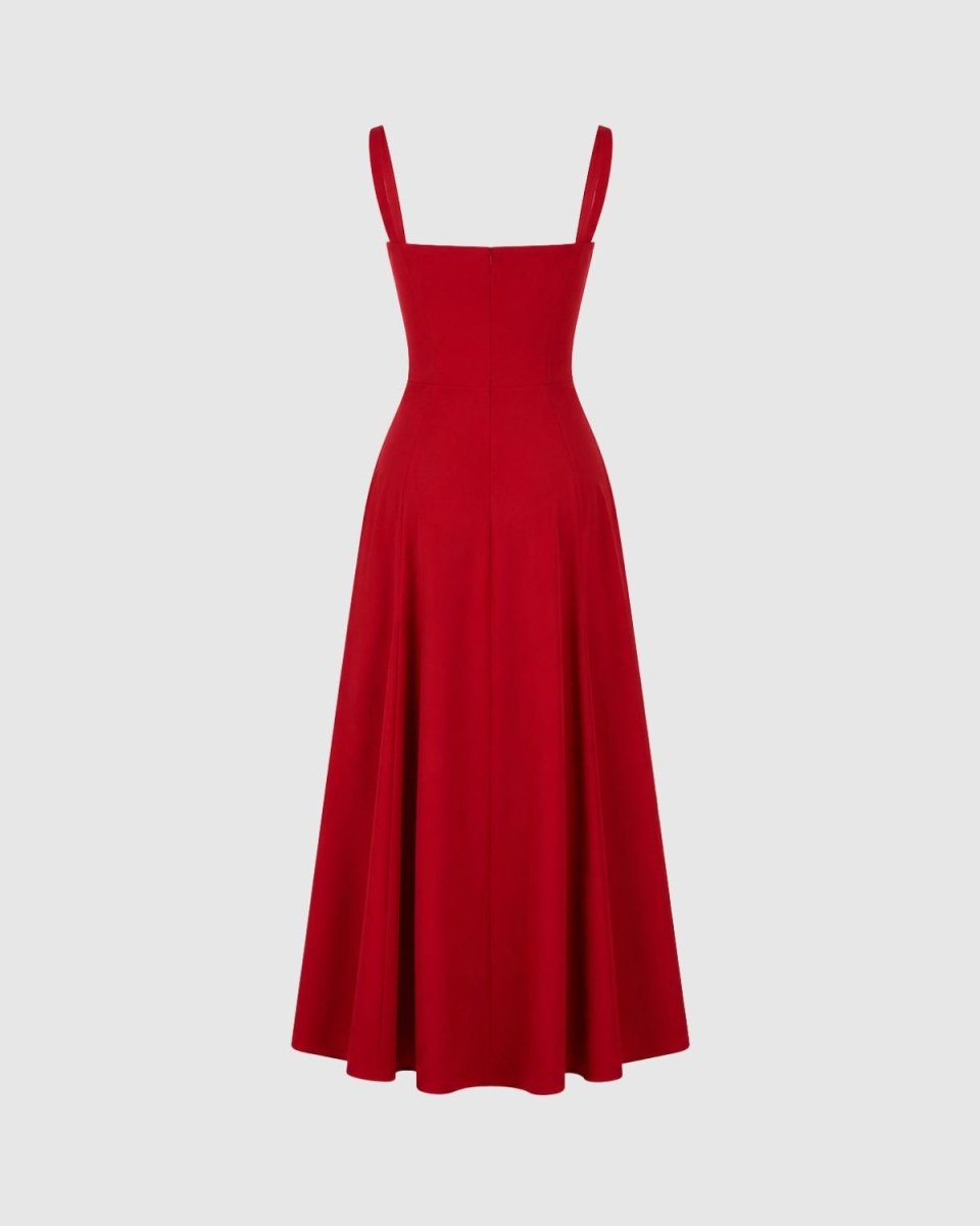 A red sleeveless midi dress with thin shoulder straps, a square neckline, and a flared skirt, shown against a light gray background.