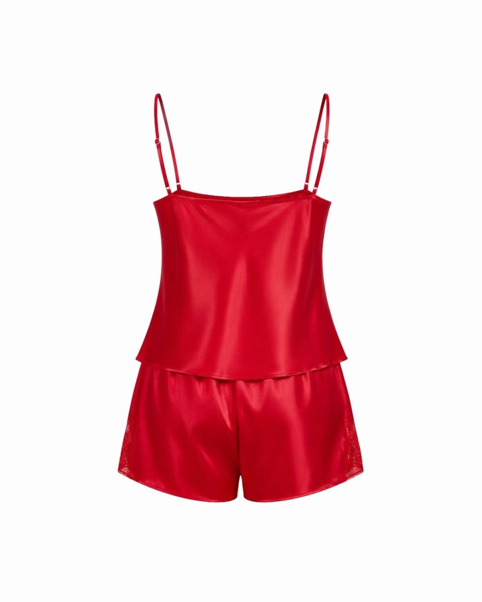 A bright red two-piece lingerie set featuring a satin camisole top with thin shoulder straps and matching satin shorts, displayed on a clean white background.
