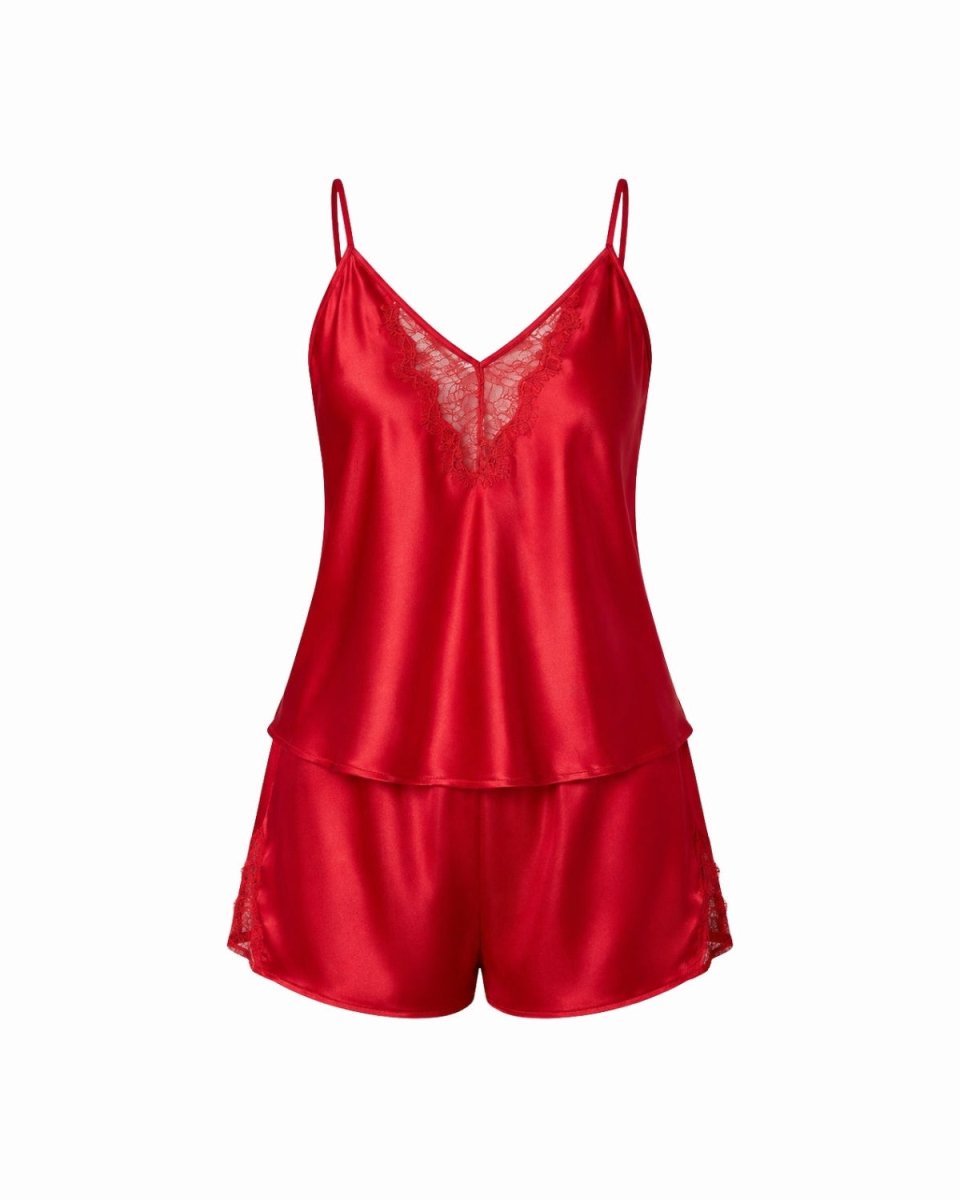 A two-piece red satin pajama set featuring a camisole top with thin straps, a lace V-neckline detail, and matching satin shorts, shown against a plain white background.