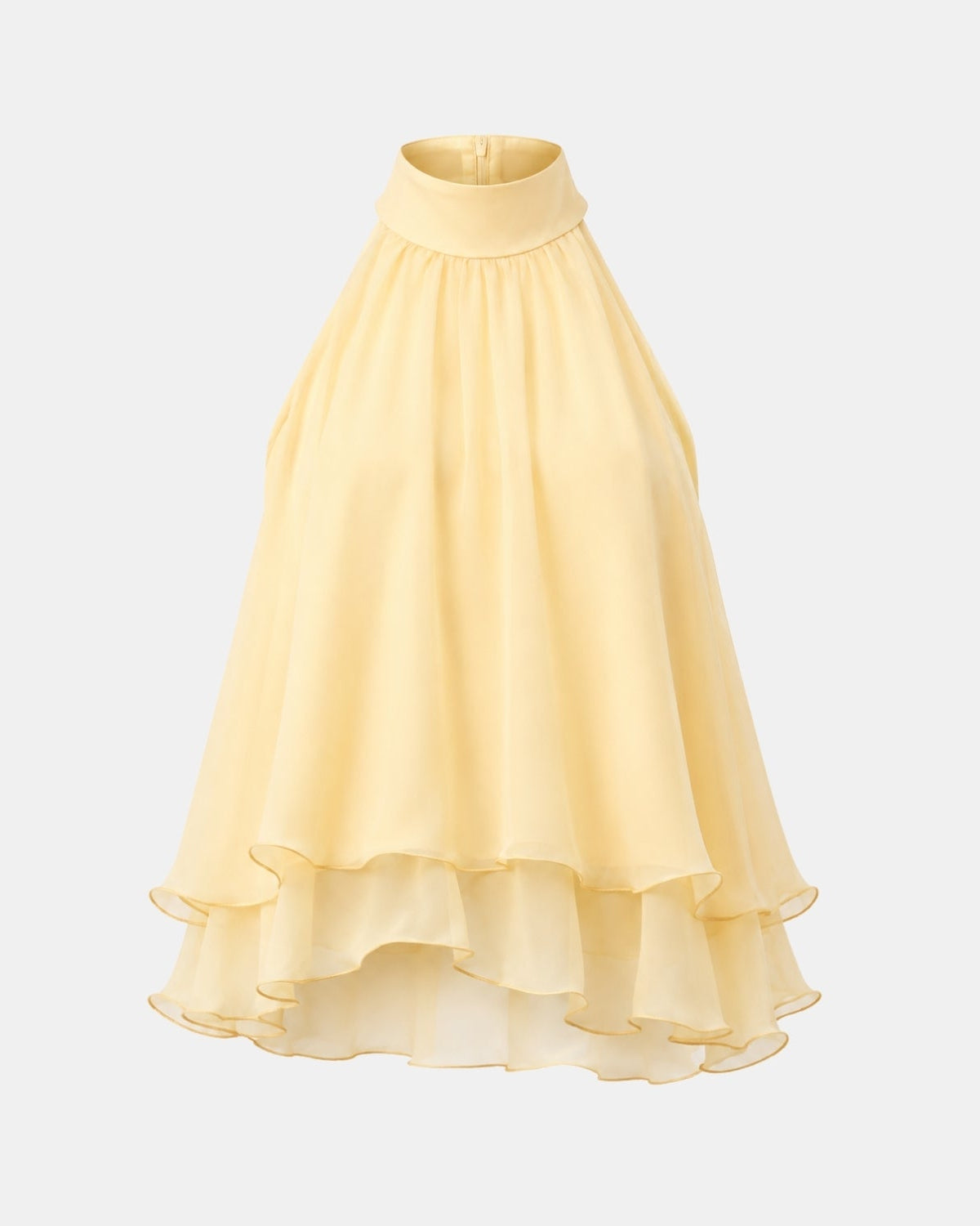 A pale yellow high-neck, tiered chiffon midi skirt displayed against a light gray background.