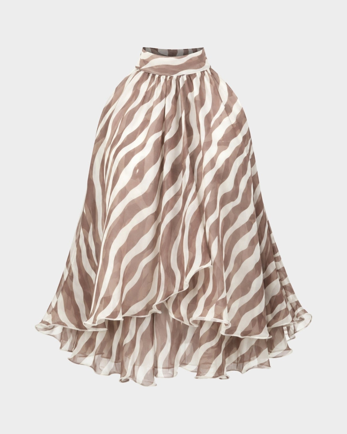 A high-low midi skirt with a brown and beige wavy zebra-like pattern, displayed on a ghost mannequin against a light gray background.