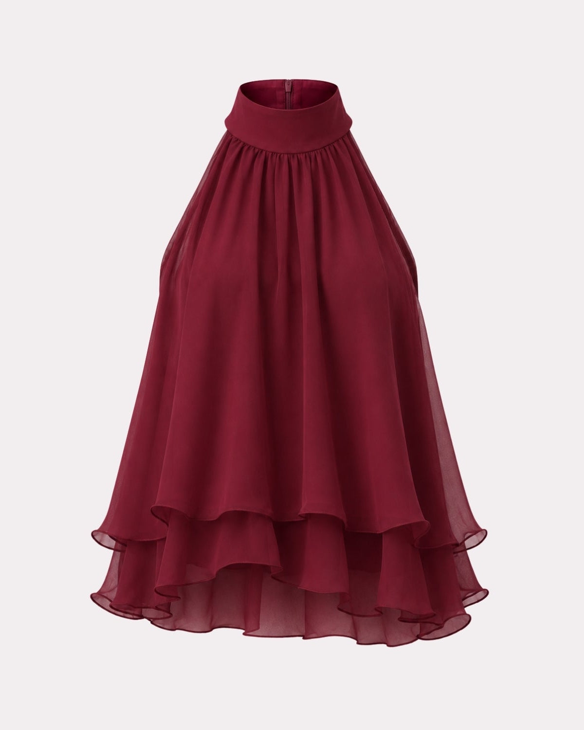 A high-waisted, sleeveless midi skirt in a deep burgundy red, featuring a gathered high-waist design, a solid waistband, and a layered ruffled hem, shown against a light gray background.