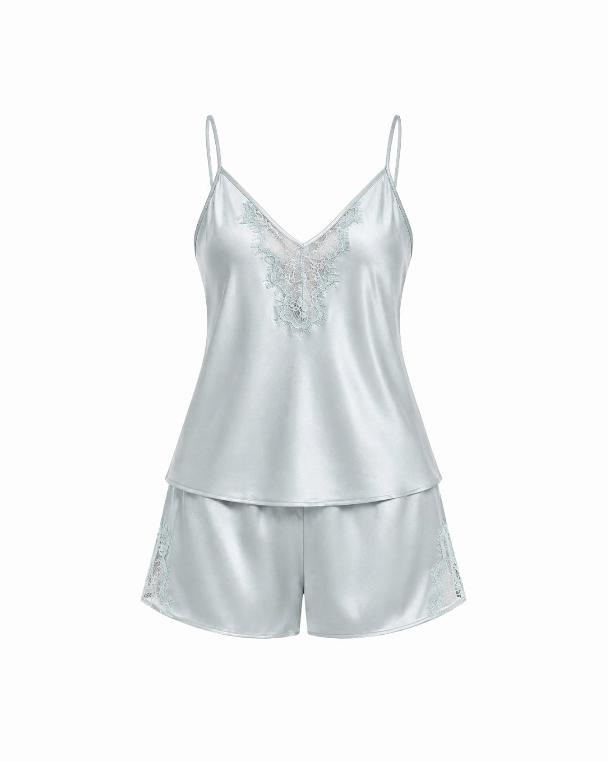 A two-piece satin pajama set in a pale icy blue color, featuring a camisole top with delicate lace embroidery on the chest and matching embroidered shorts, displayed against a solid white background.