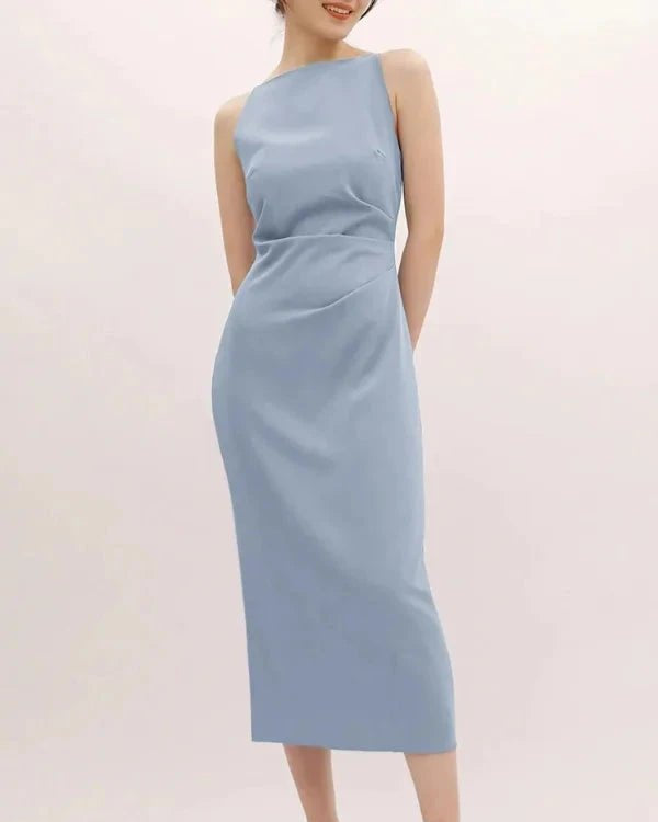 Light blue one-shoulder dress worn by a model on a light pink background