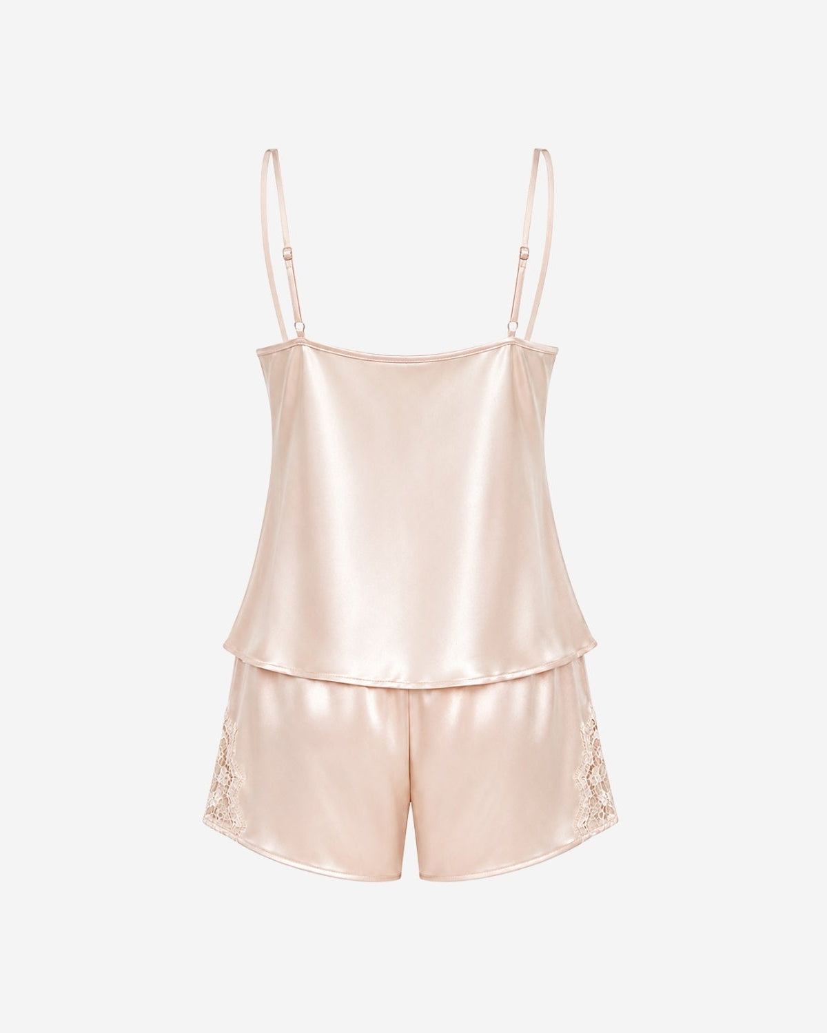 A two-piece satin pajama set in a pale blush pink color, featuring a camisole top with adjustable spaghetti straps and matching shorts with lace trim, displayed on a clean white background.