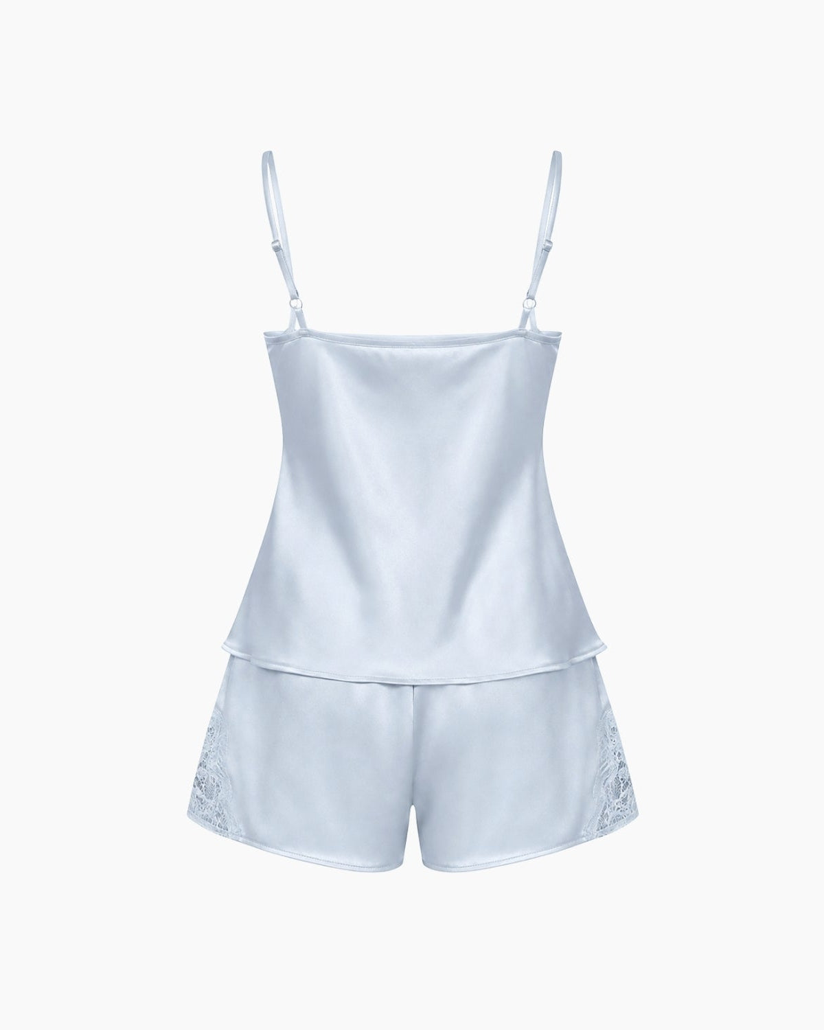 A light blue satin camisole top and matching shorts set with delicate lace trim on the sides, displayed against a solid off-white background.