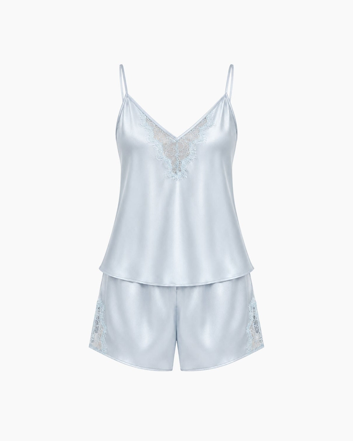 A light blue satin two-piece pajama set featuring a camisole top with lace trim and matching shorts with lace details, displayed on a clean white background.