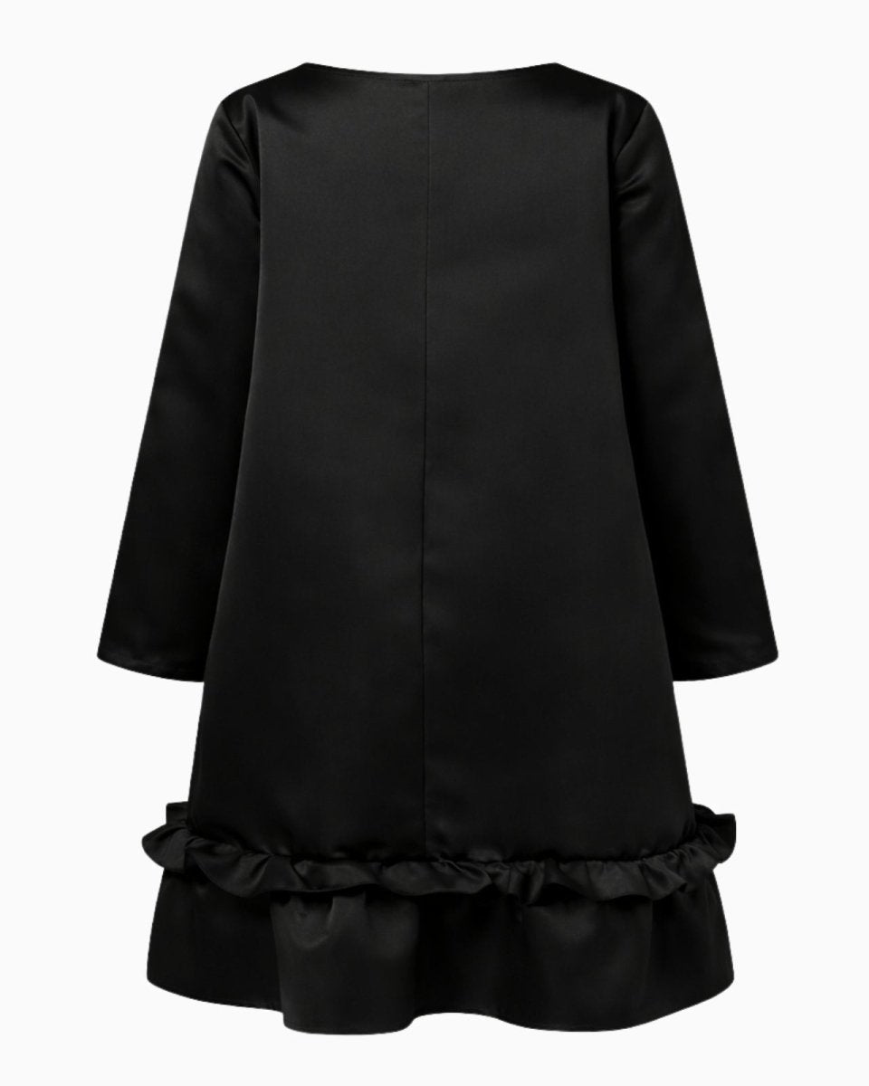 Flatlay showing the back construction of the adalee black satin A-line dress.