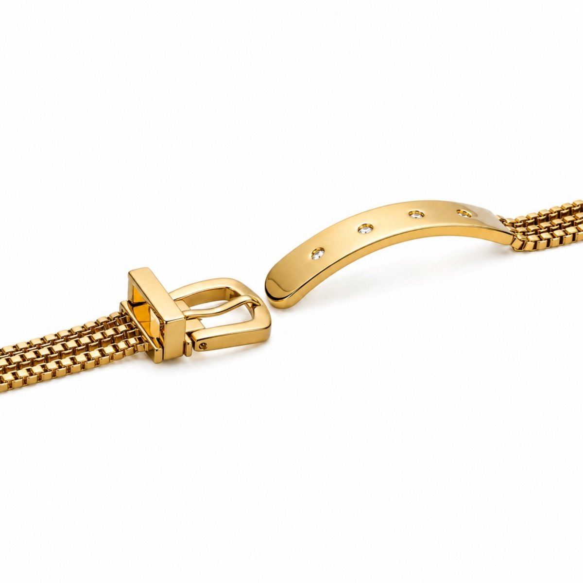 Close up of the adjustable gold multi-strand chain strap and secure buckle clasp featuring delicate crystal accents.
