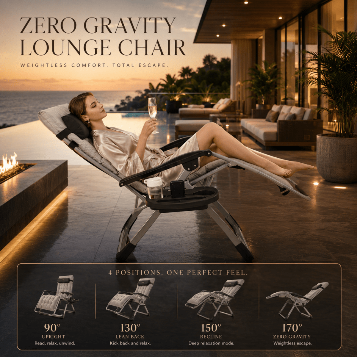 A woman reclines in a zero gravity lounge chair on a modern patio overlooking an infinity pool at sunset. The image includes large marketing text reading 'ZERO GRAVITY LOUNGE CHAIR' and a feature panel at the bottom showing four positions: 90° upright, 130° lean back, 150° reclined, and 170° weightless escape.