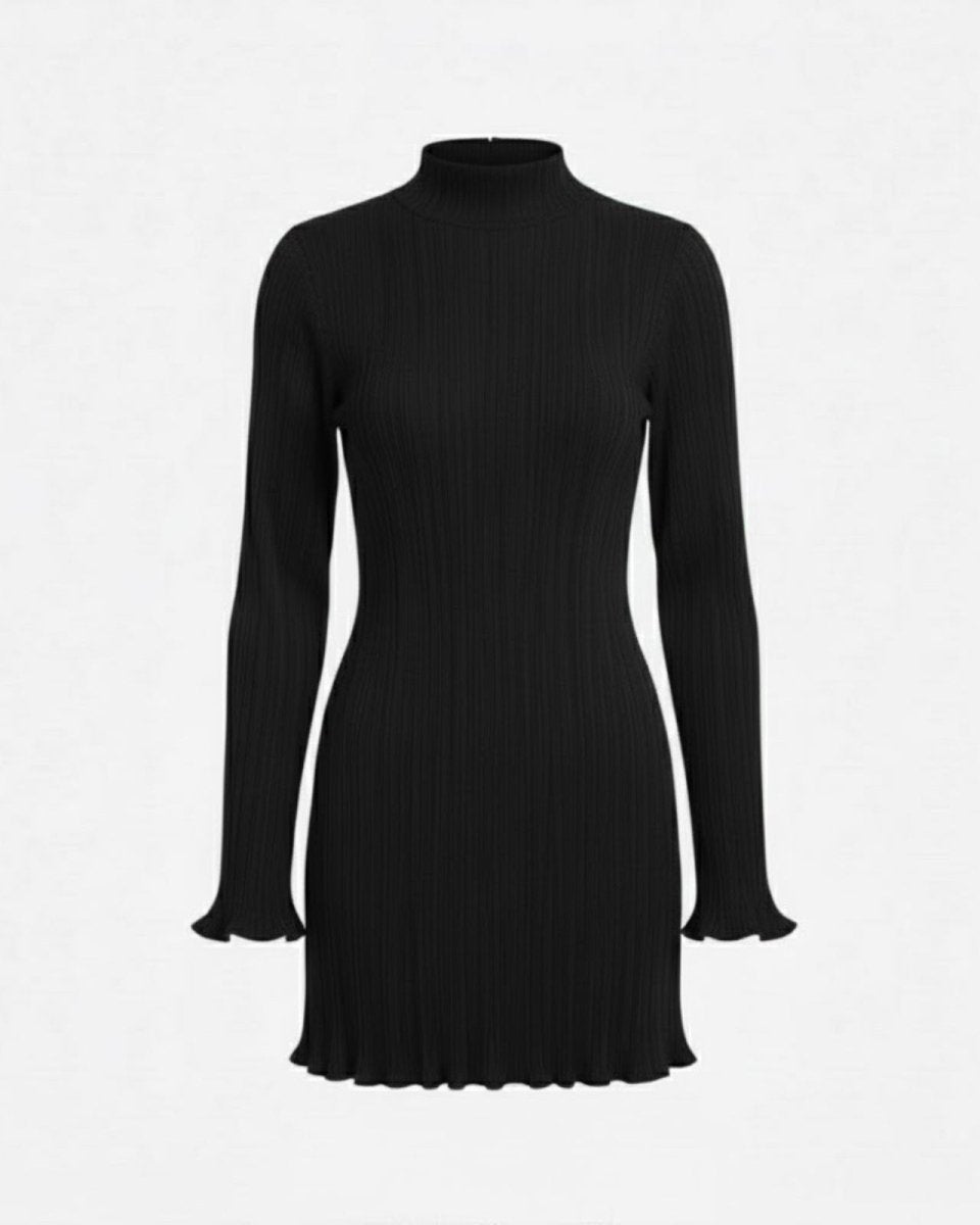 Front product shot of the Agathe black ribbed knit long sleeve dress with fluted cuffs and hem on a light grey background.