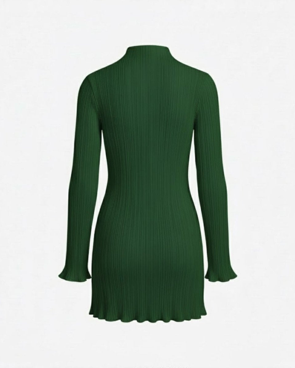 Back view of the Agathe green mini sweater dress laid flat against a white background, displaying the full silhouette and texture.