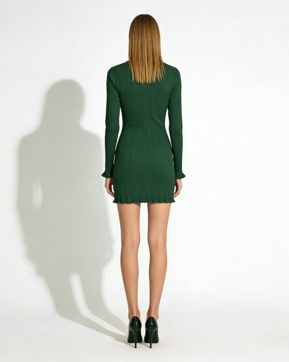 Back view of the Agathe long sleeve mock neck dress in emerald green, highlighting the seamless ribbed knit construction.