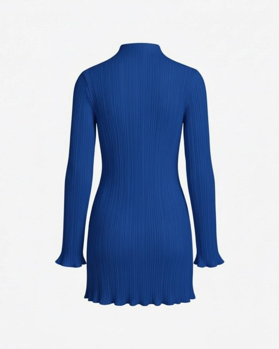 Back view of the Agathe royal blue mock neck sweater dress on a white background, detailing the seamless construction.
