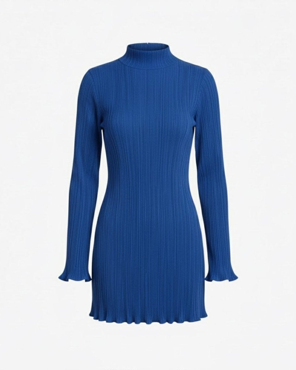 Front view of the Agathe royal blue long sleeve ribbed dress on a white background, showing texture and shape.