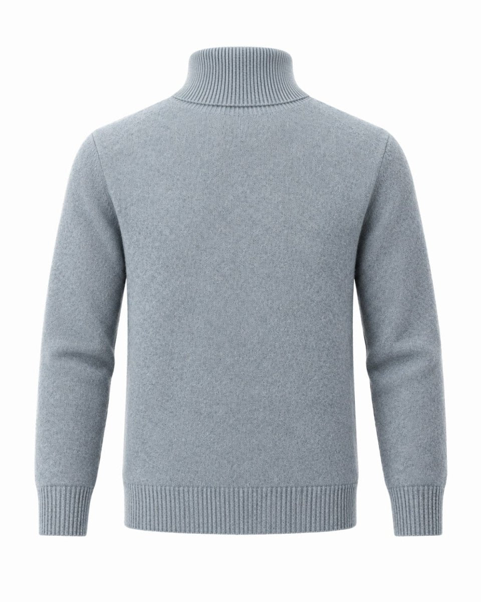 A green knit turtleneck sweater shown from the back on a clean white background.