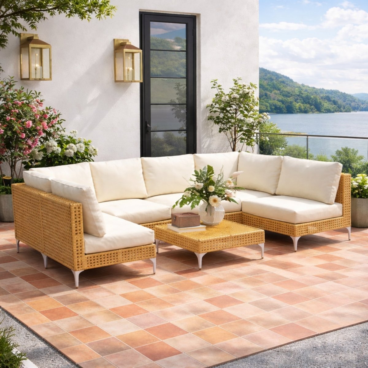 Beige all weather patio seating arrangement on a tiled terrace overlooking a scenic mountain lake
