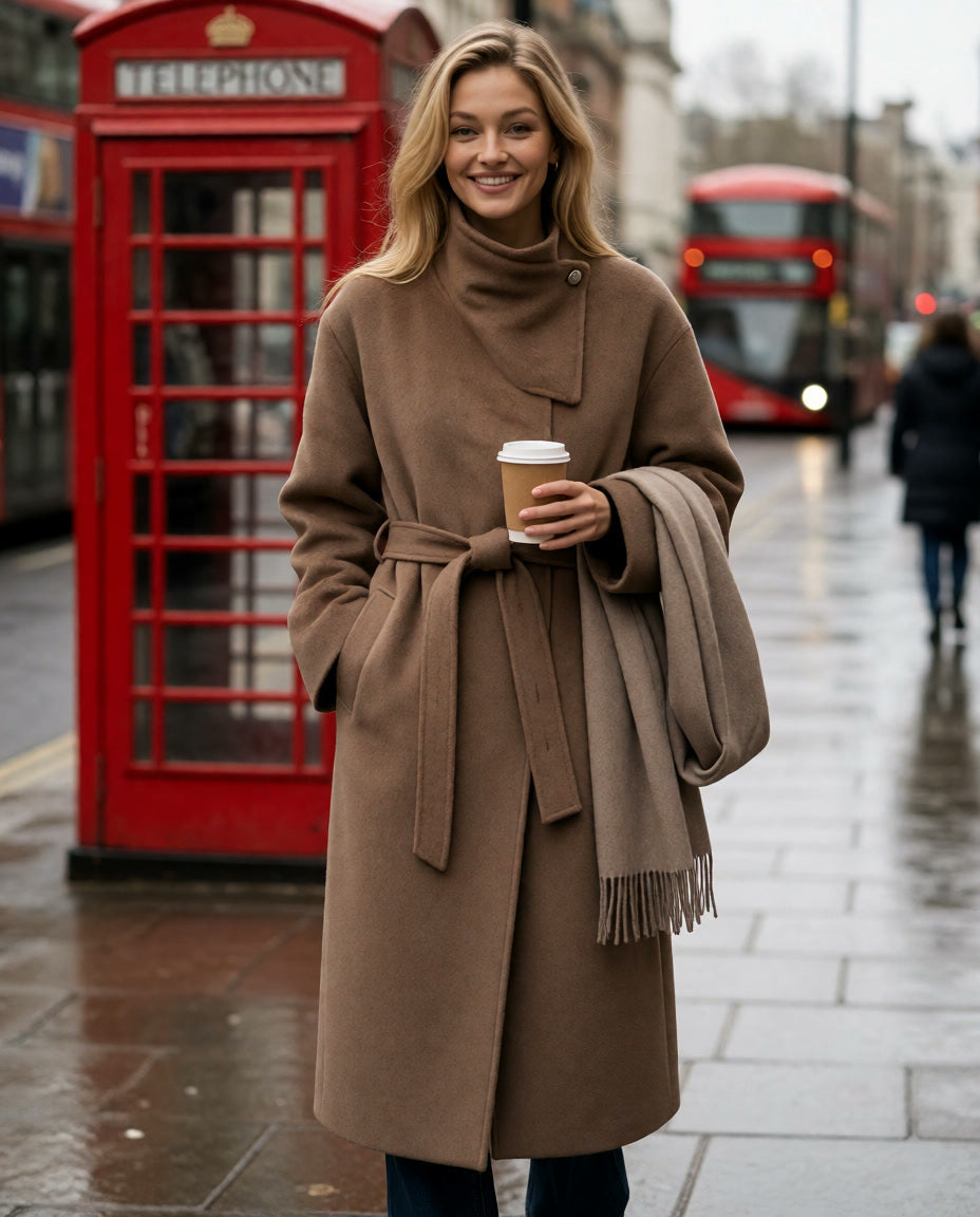 A woman wearing a amber wrap coat and matching scarf stands on a London street holding a coffee cup, with a red telephone booth and red double-decker bus in the background.