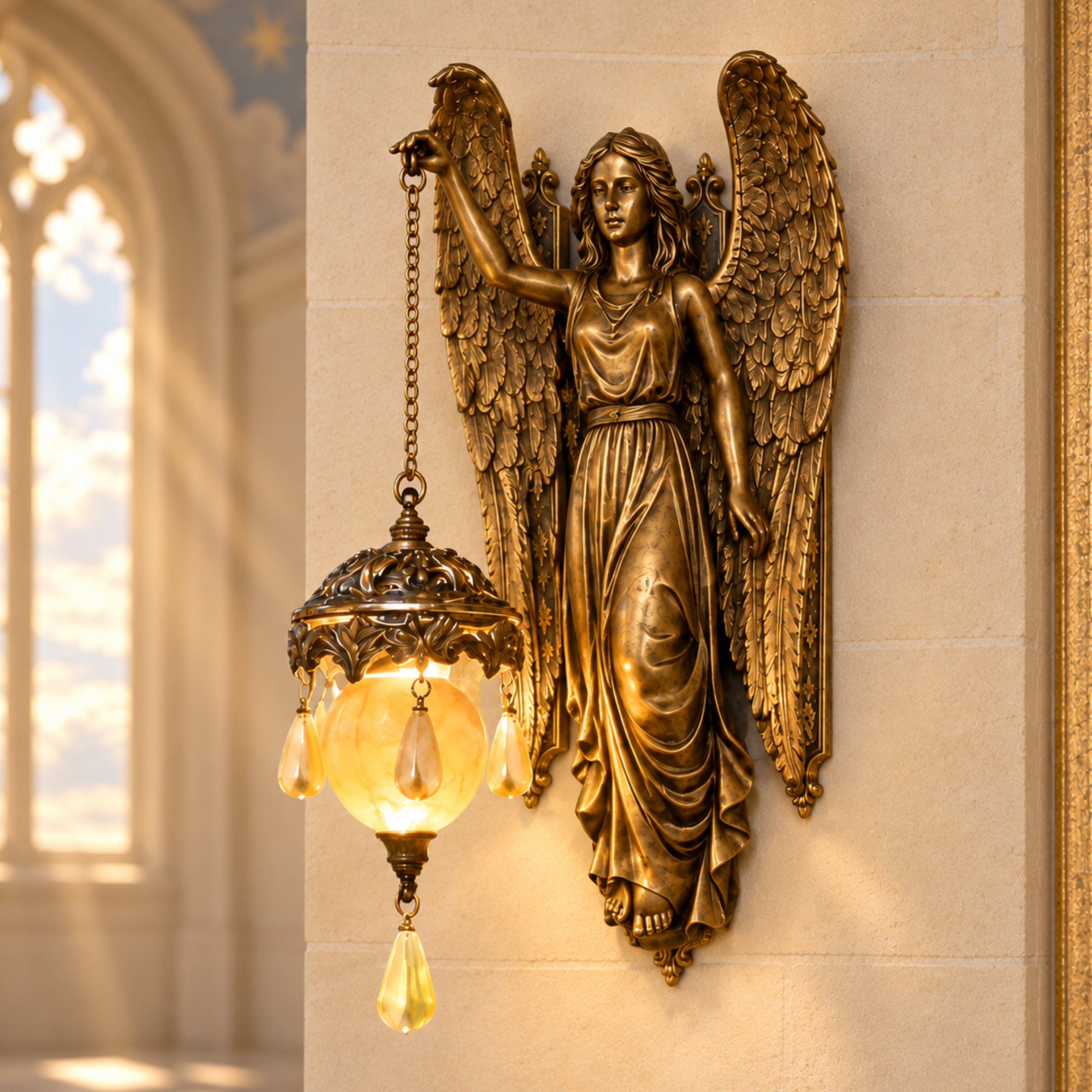 Detailed view of a bronze angel wall lamp with outspread wings holding an illuminated hanging lantern with amber crystal drops.