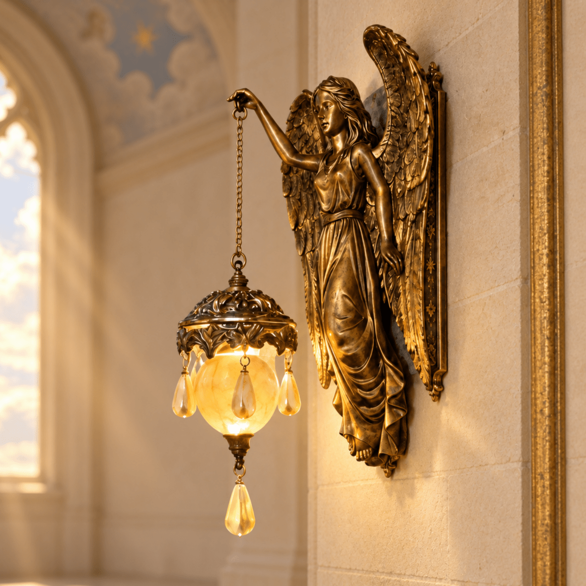 Decorative bronze angel wall sconce with a glowing amber lantern installed in a warm, traditional living room.