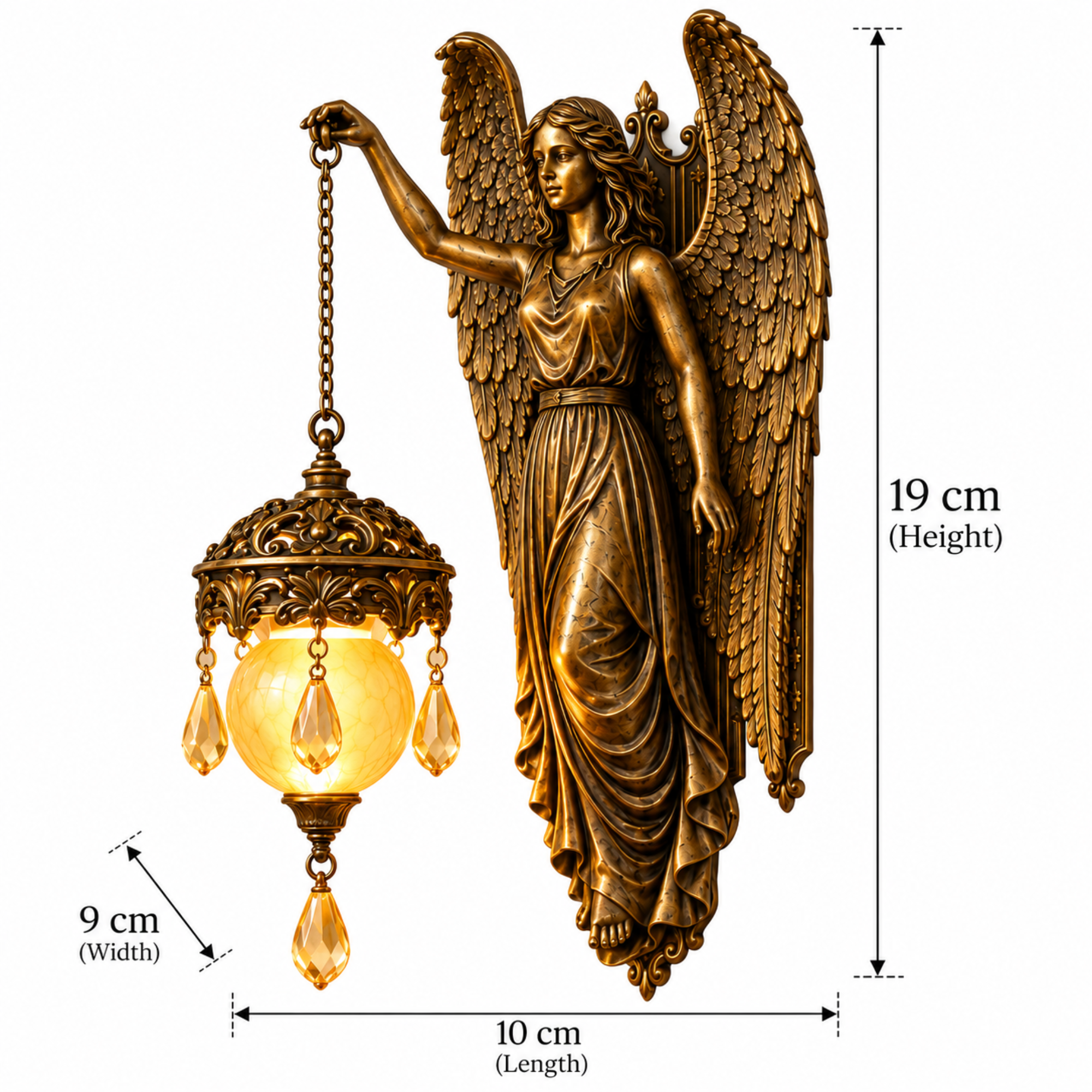 Bronze-finished angel wall sconce with a hanging glass globe lamp, shown with dimension callouts indicating 19 cm height, 10 cm length, and 9 cm width on a white background.