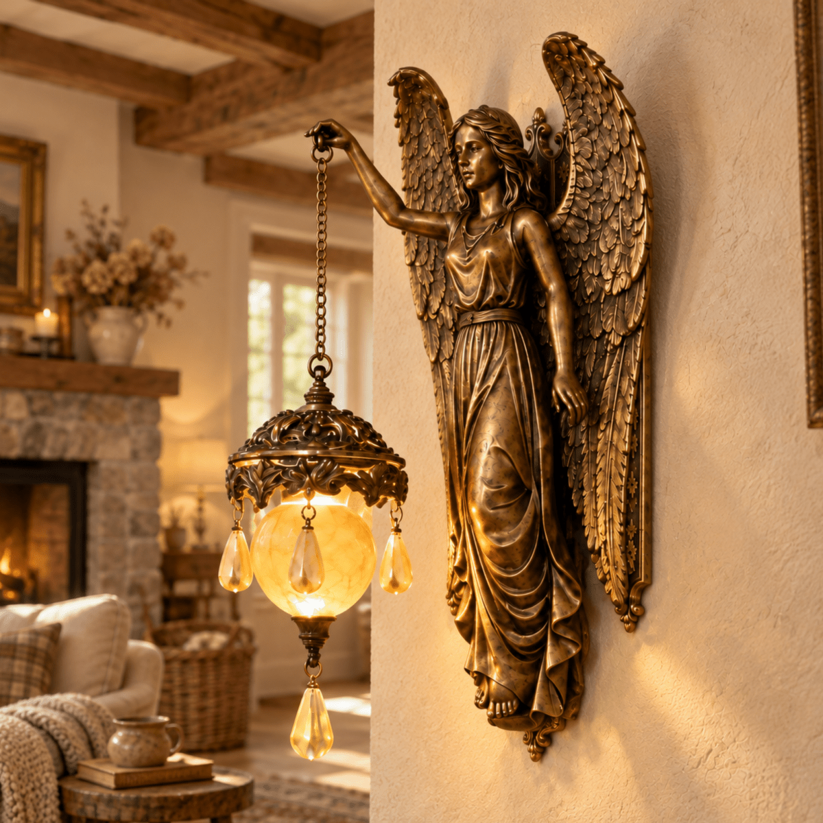 Dimension chart for a bronze angel wall sconce indicating a size of 19 cm high, 10 cm long, and 9 cm wide.