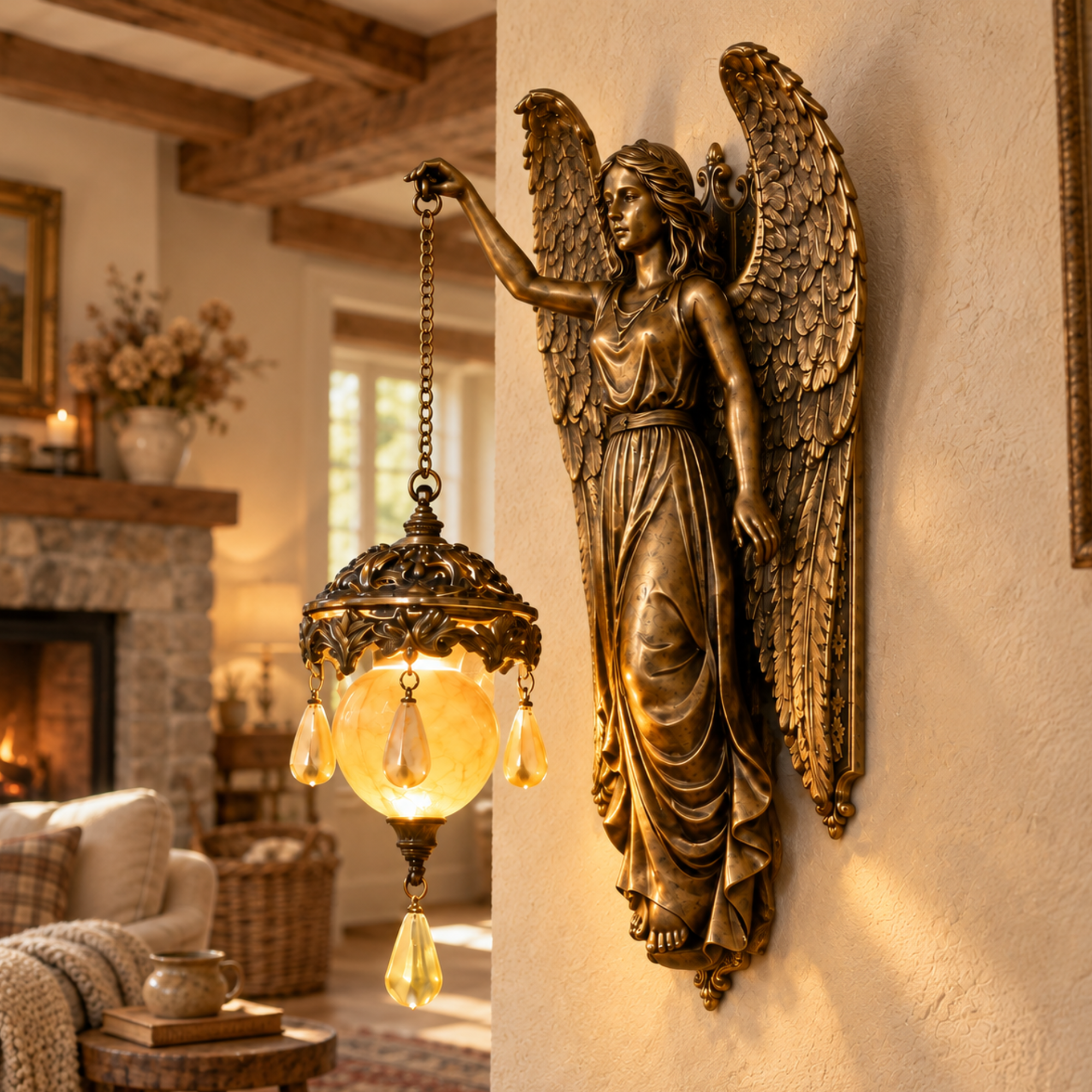Dimension chart for a bronze angel wall sconce indicating a size of 19 cm high, 10 cm long, and 9 cm wide.