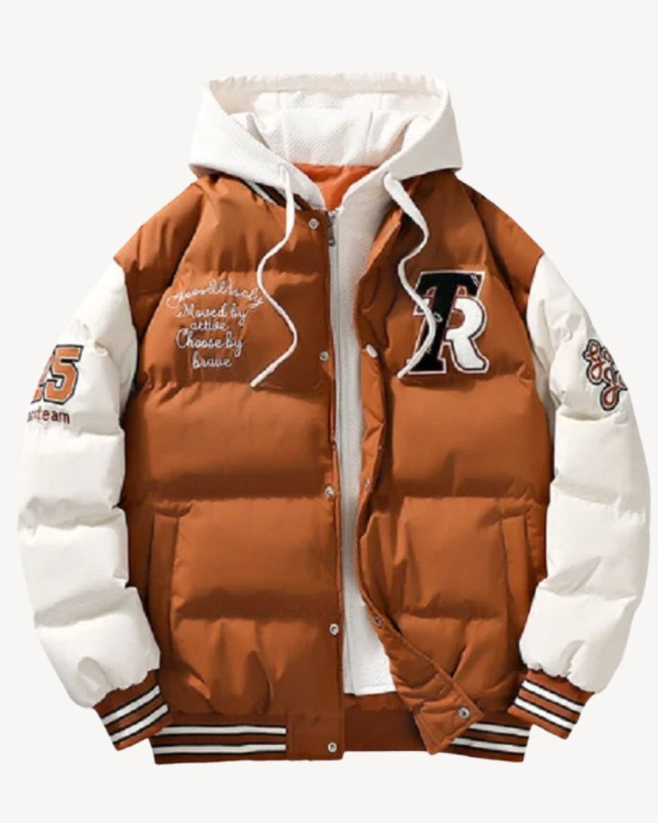Flatlay product shot of the men's camel hooded varsity puffer jacket, open to show the interior lining and layered design.