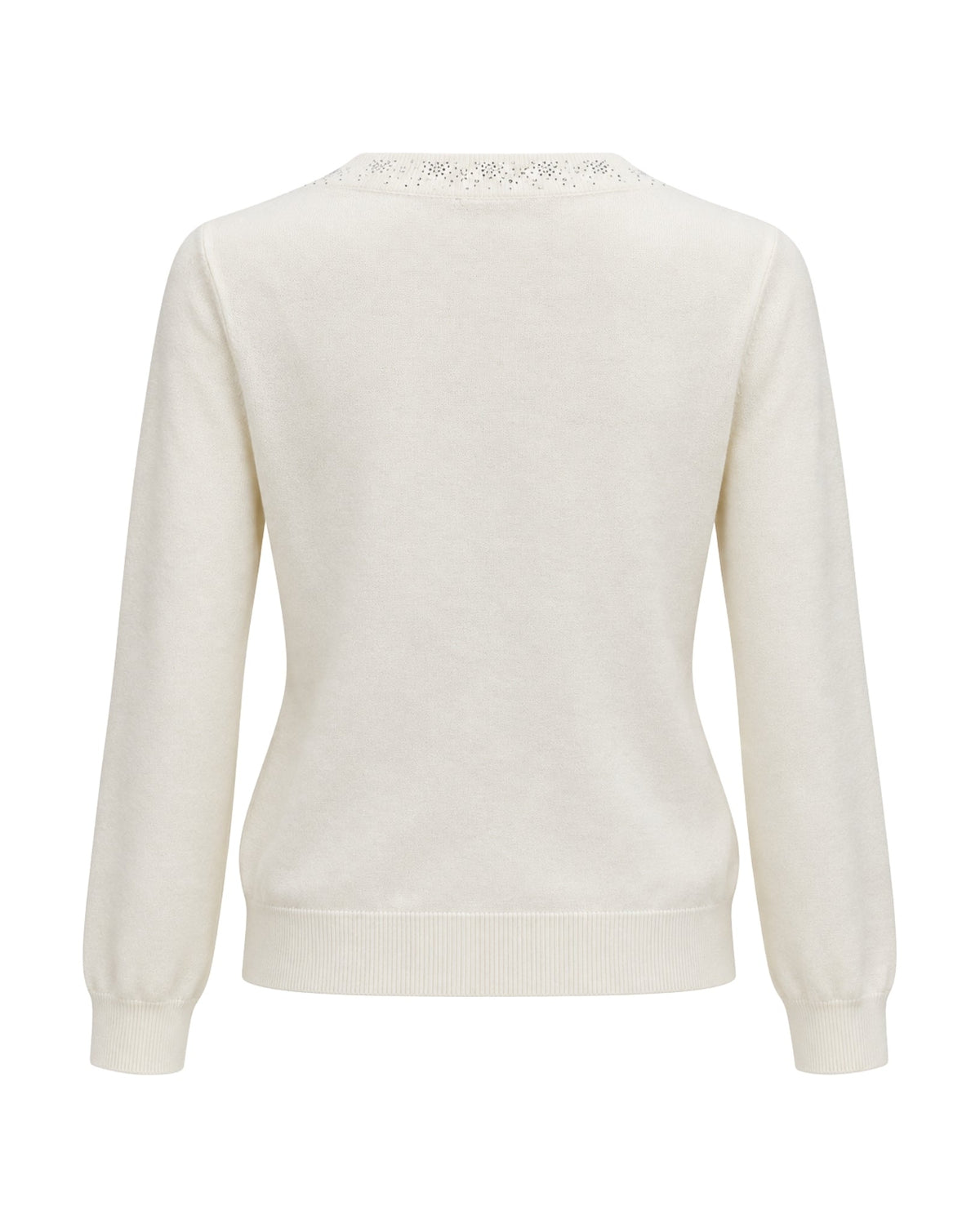 A cream-colored long-sleeve knit sweater shown from the back, featuring a delicate lace trim along the neckline and ribbed cuffs and hem.