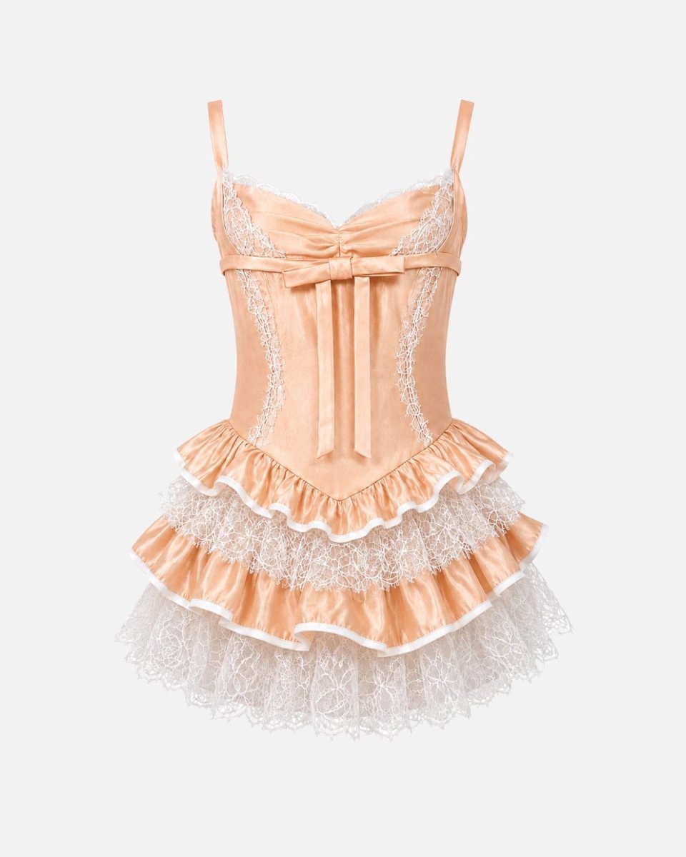 Studio front view of a corset mini dress showcasing intricate white lace detailing and boning.