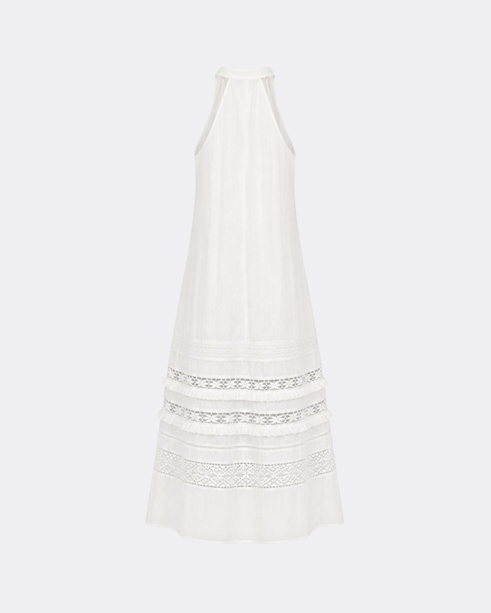 Ghost mannequin back view of the white summer maxi dress displaying the intricate horizontal lace inserts.