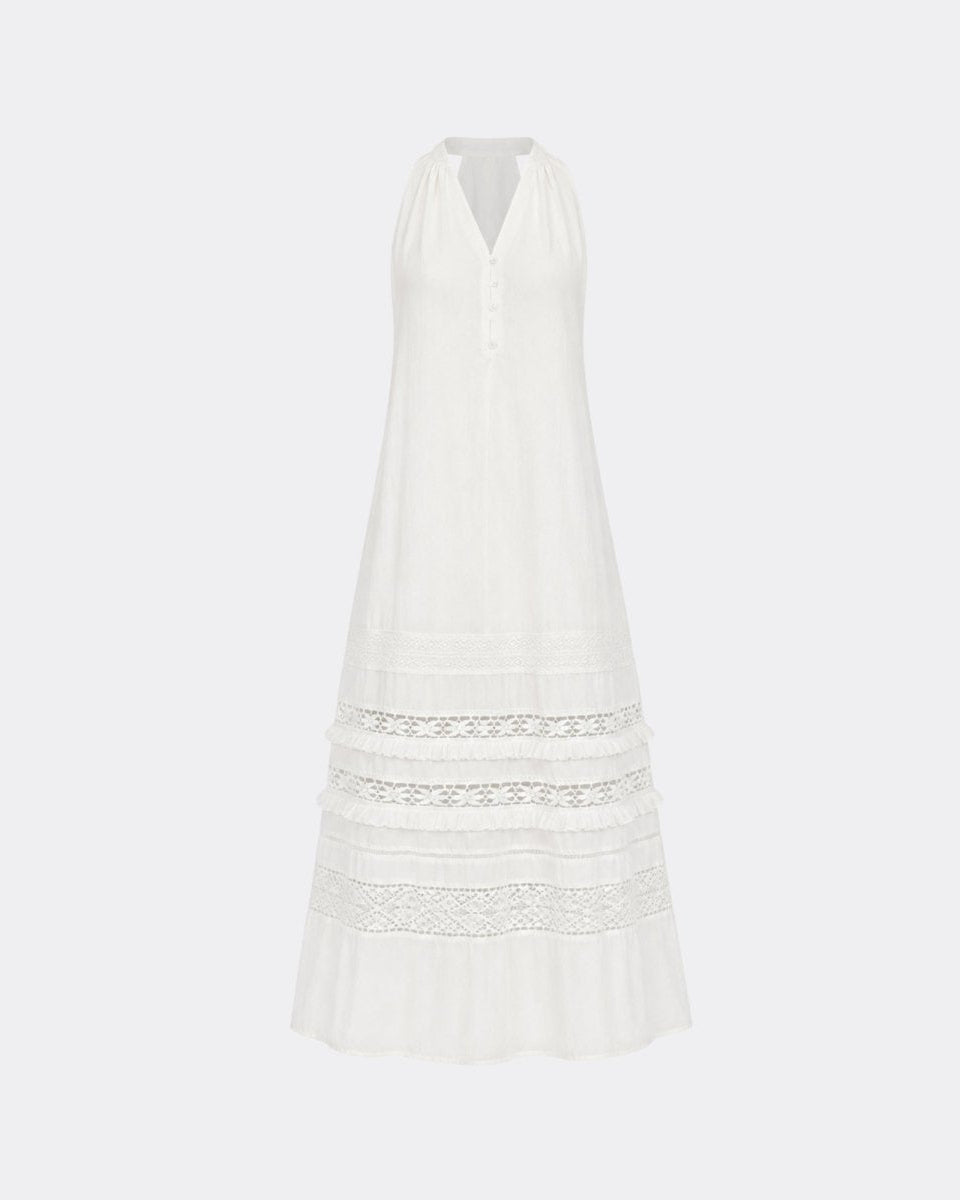 Ghost mannequin front view of the white long resort wear dress featuring a v-neck and small button detailing.