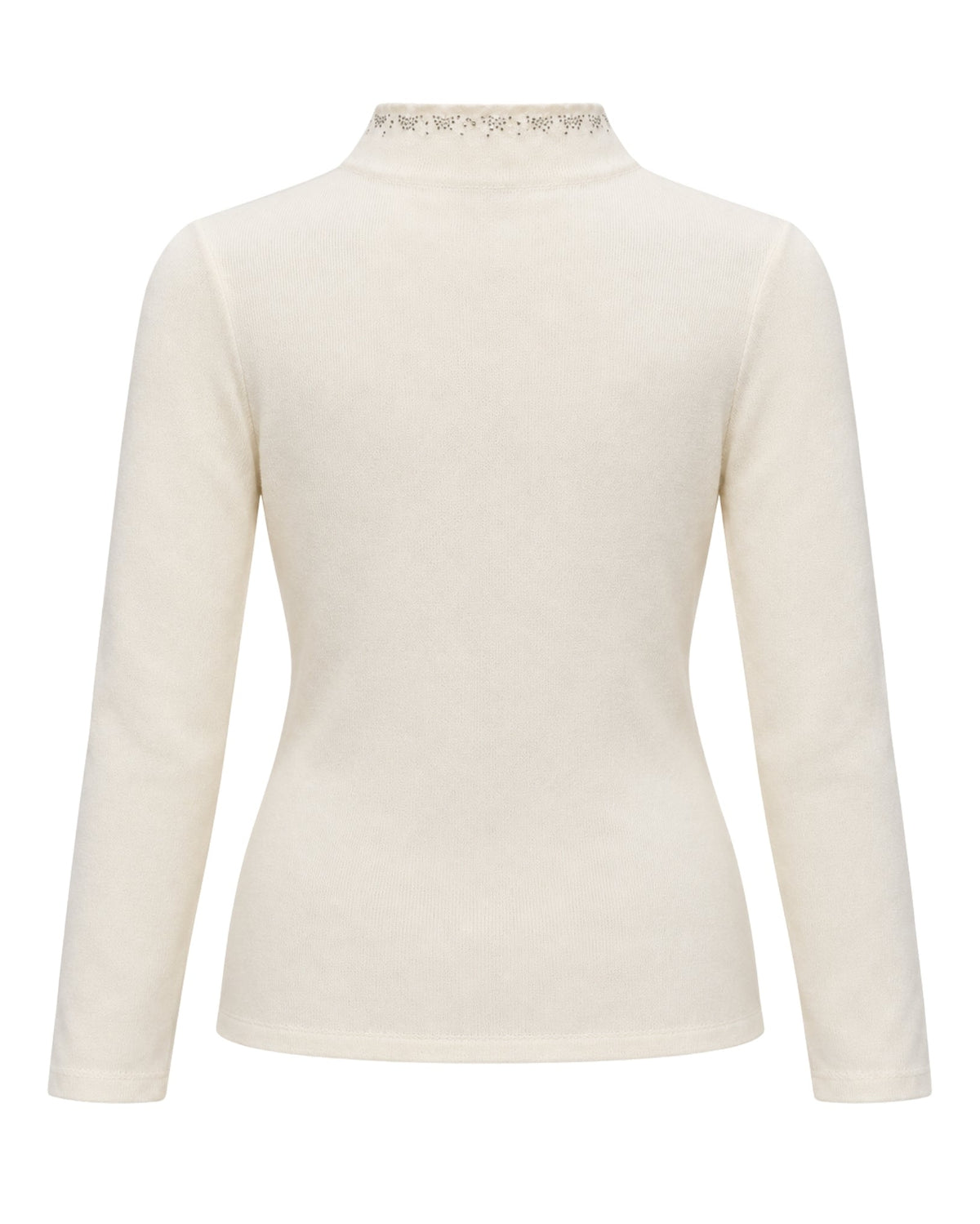 An off-white long-sleeve mock neck top with a decorative beaded lace trim at the collar, shown on a plain white background.
