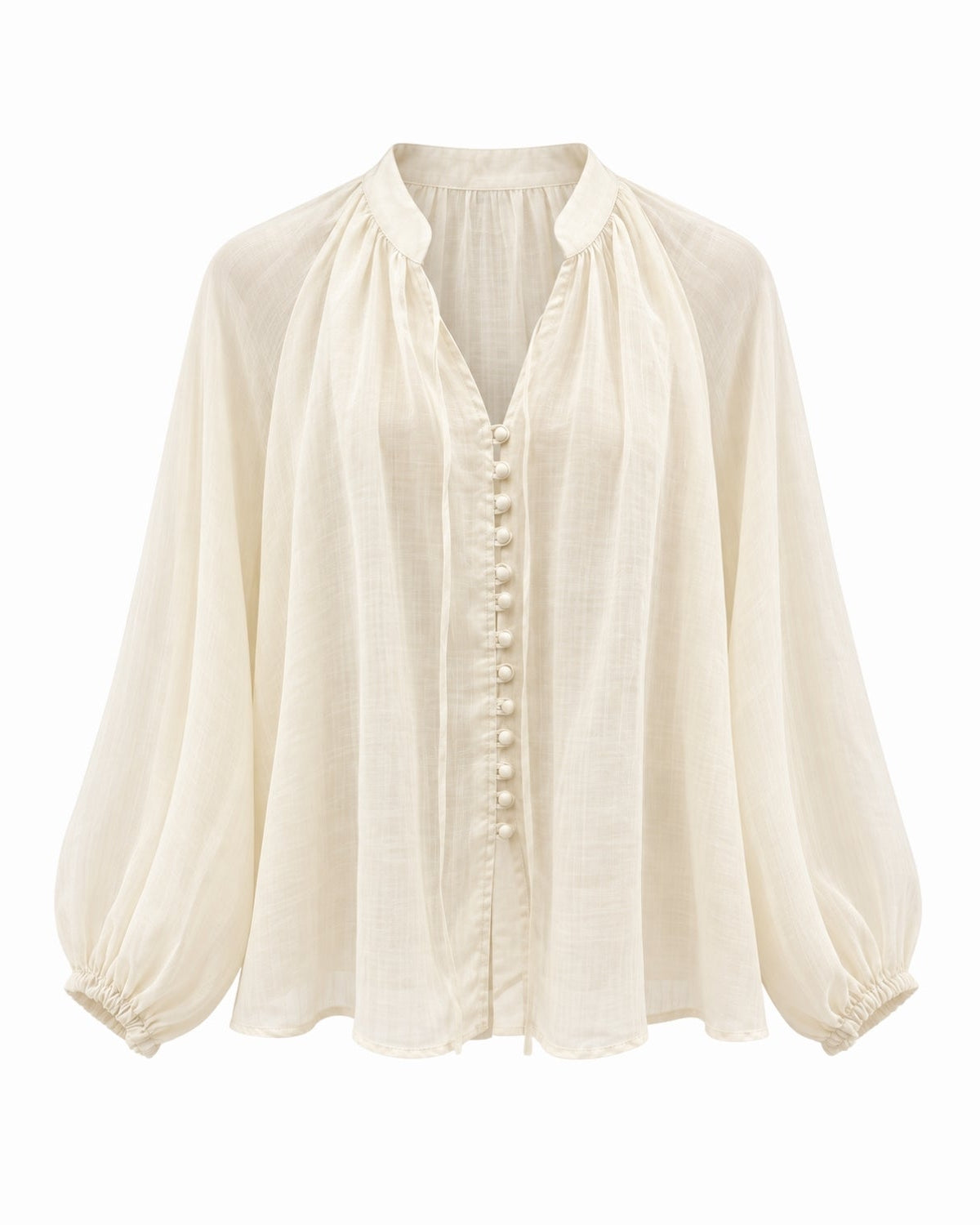 An apricot long-sleeve blouse with a gathered high collar, a button-down front, and elasticized cuffs, shown against a plain white background.