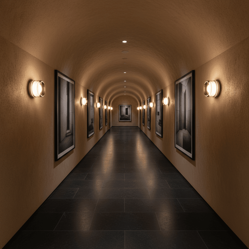 A low-profile round glass wall sconce casting a warm downlight along a smooth, curved beige corridor with a skyligh