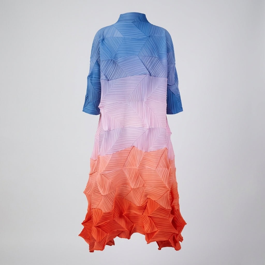  Back full body flat lay view of the Kouvr architectural plisse gradient dress showcasing the origami texture.