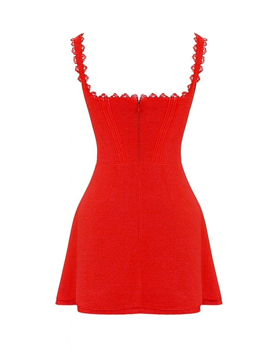 Product-only photo of the back of the red Ariadne mini dress, highlighting the square back and zipper construction.