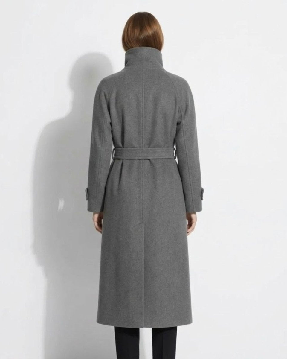 Back view of the Ashley coat in grey, showing the clean lines of the raglan sleeves and the detail of the belted waist.