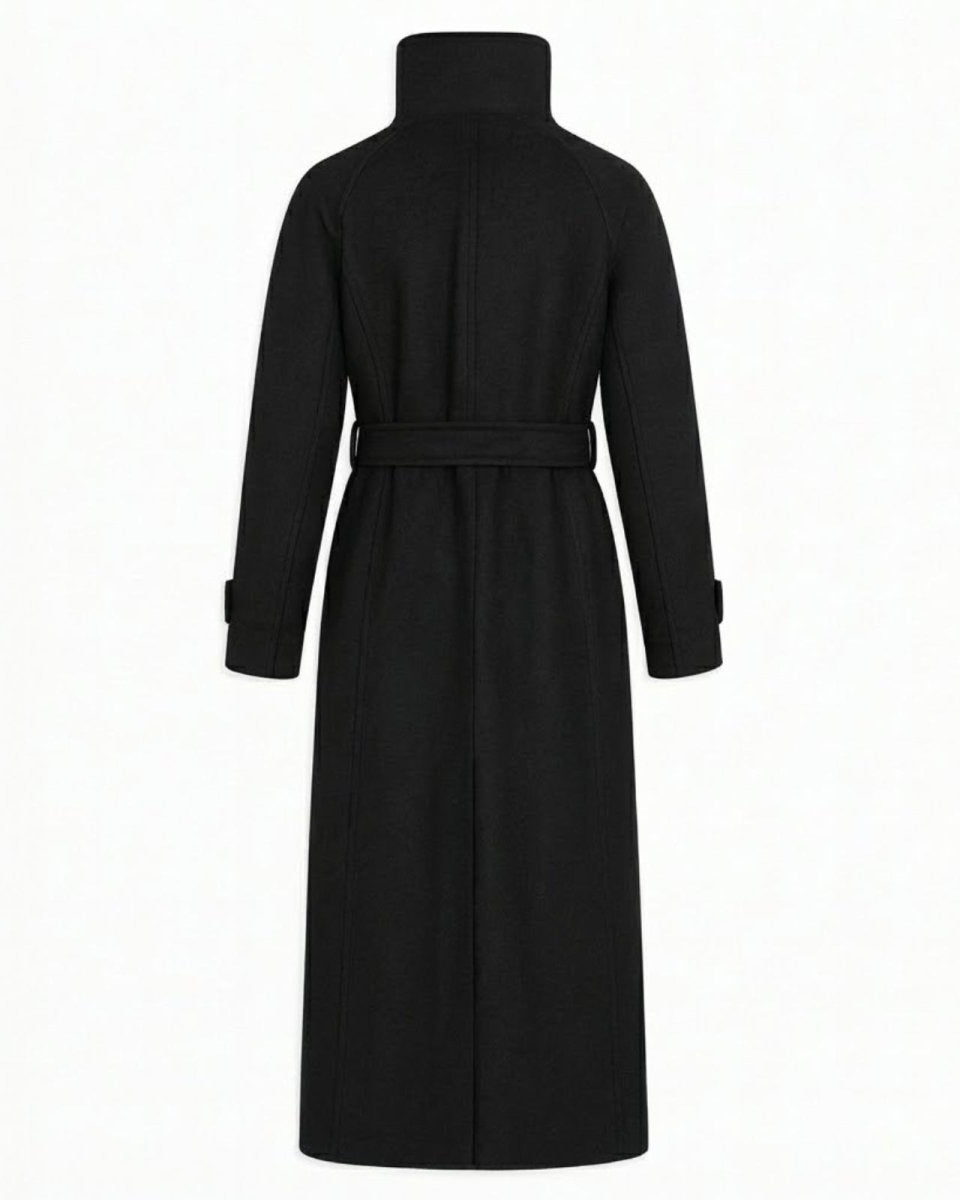 Flat lay of the Ashley long black wool coat showing the asymmetrical button closure at the funnel neck and the self-tie belt.