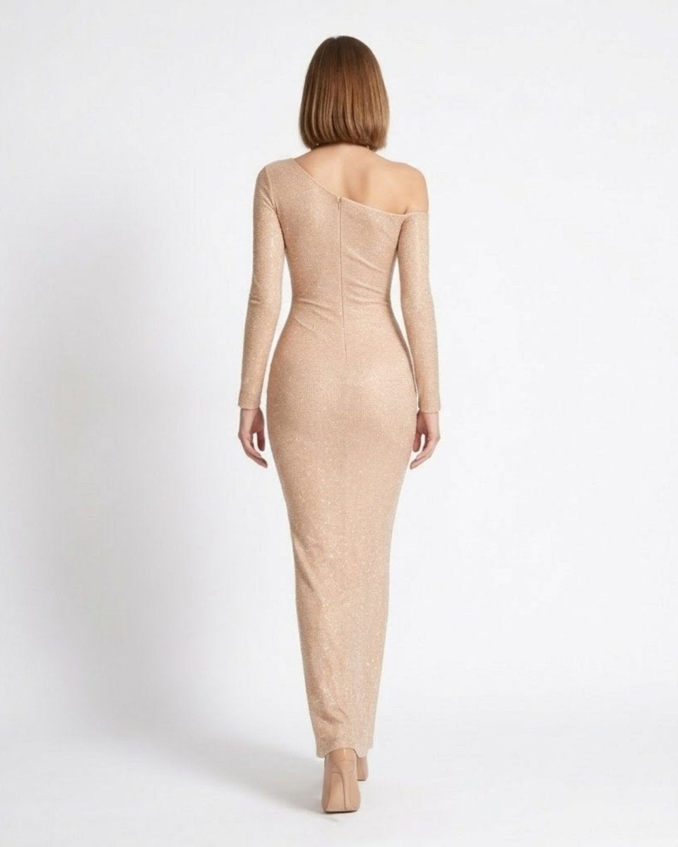 Back view of formal wedding guest dress with long sleeves in champagne metallic shimmer