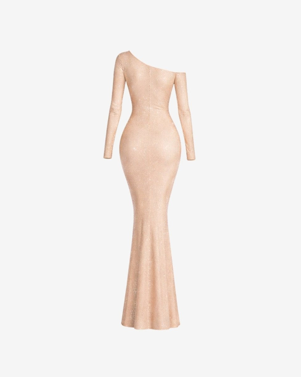 Ghost mannequin back view of asymmetric long sleeve maxi dress showing hidden zipper closure