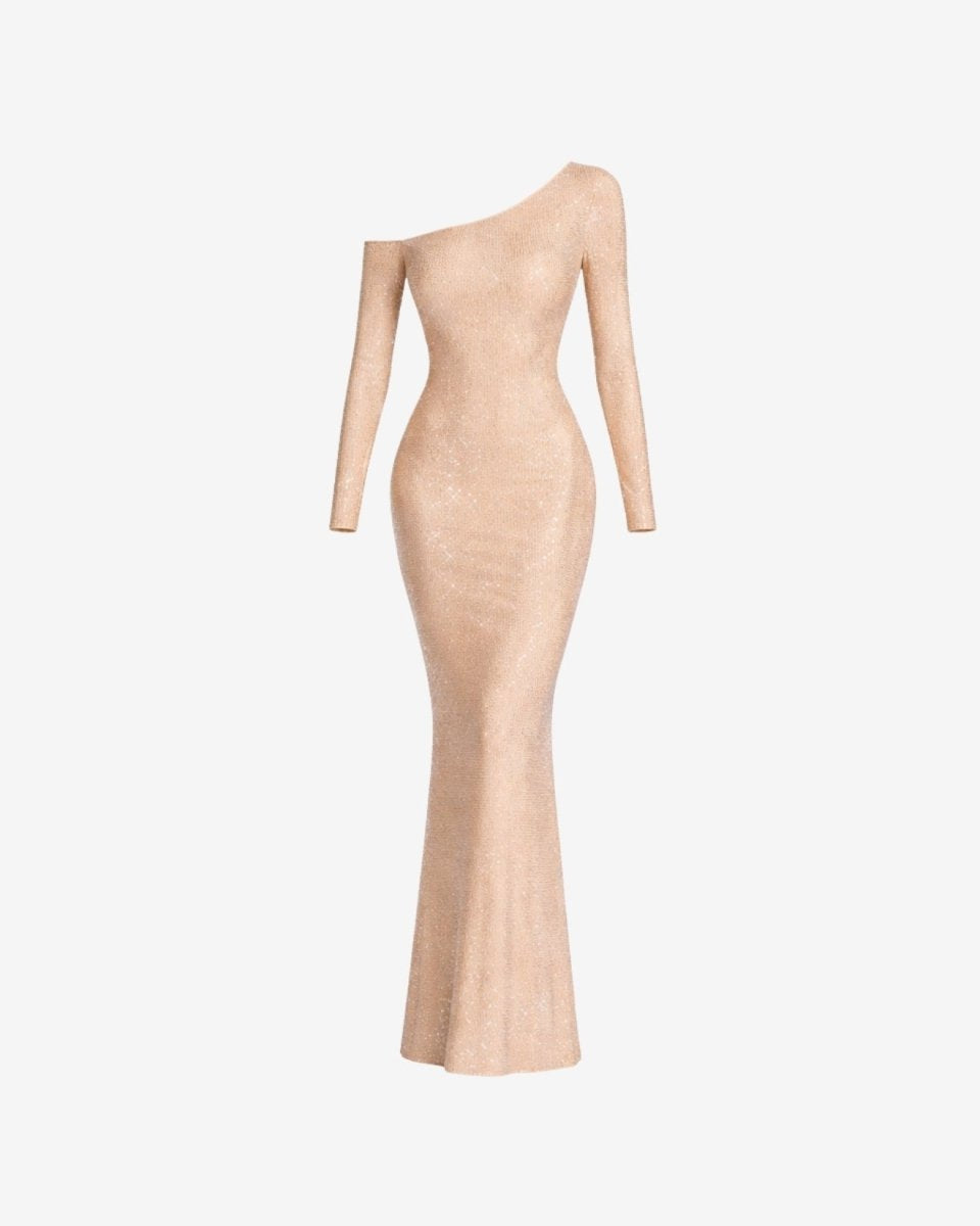 Ghost mannequin front view of champagne shimmer form fitting luxury evening gown