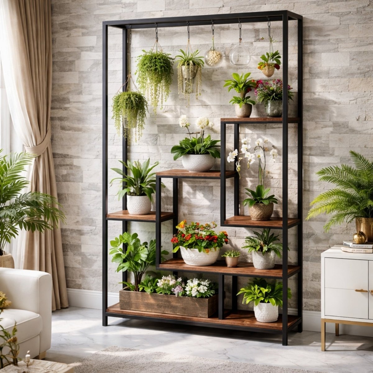Atrium industrial etagere used as a plant display and room divider in a bright living room with a stone accent wall. 